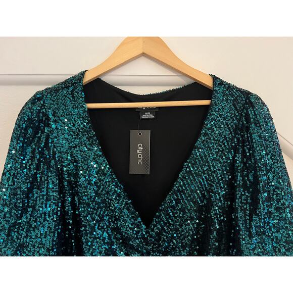 NWT City Chic Sequin Mini Dress Womens Sz 18 Green Y2K Glam Party Cocktail - Picture 9 of 16
